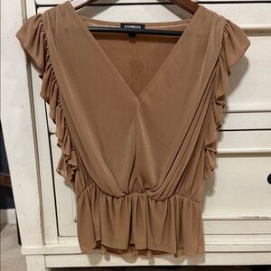 Express Tan Ruffle Sleeve V-Neck Blouse